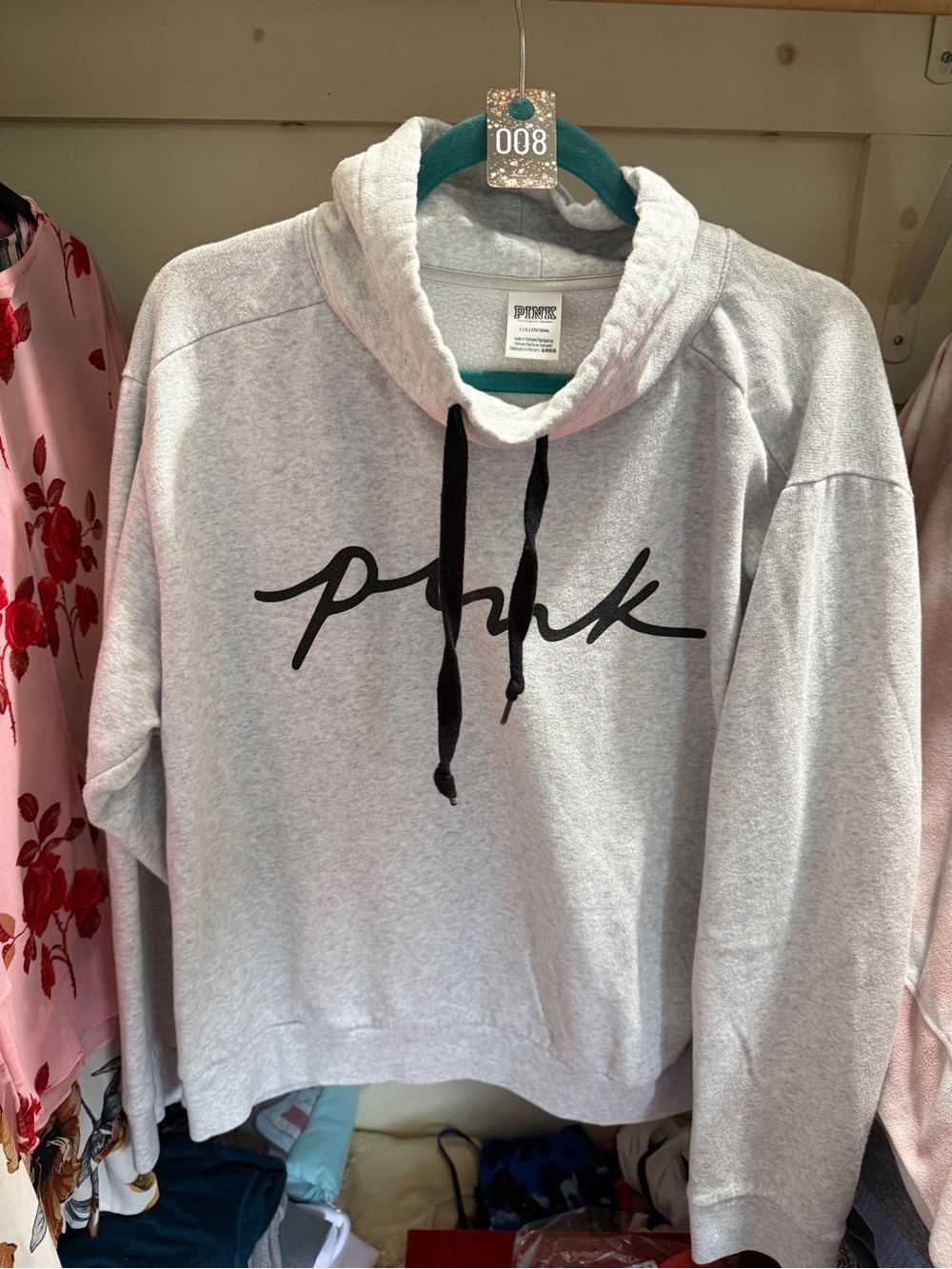008 PINK Victoria's Secret Gray Pullover Cowl Neck Sweatshirt with Black Script
